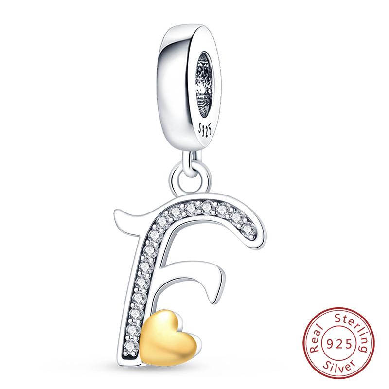 925 Silver Charm Beads Classic Gold Heart-Shaped 26 Letters Pendant For Bracelet DIY Charm Birthday Jewelry