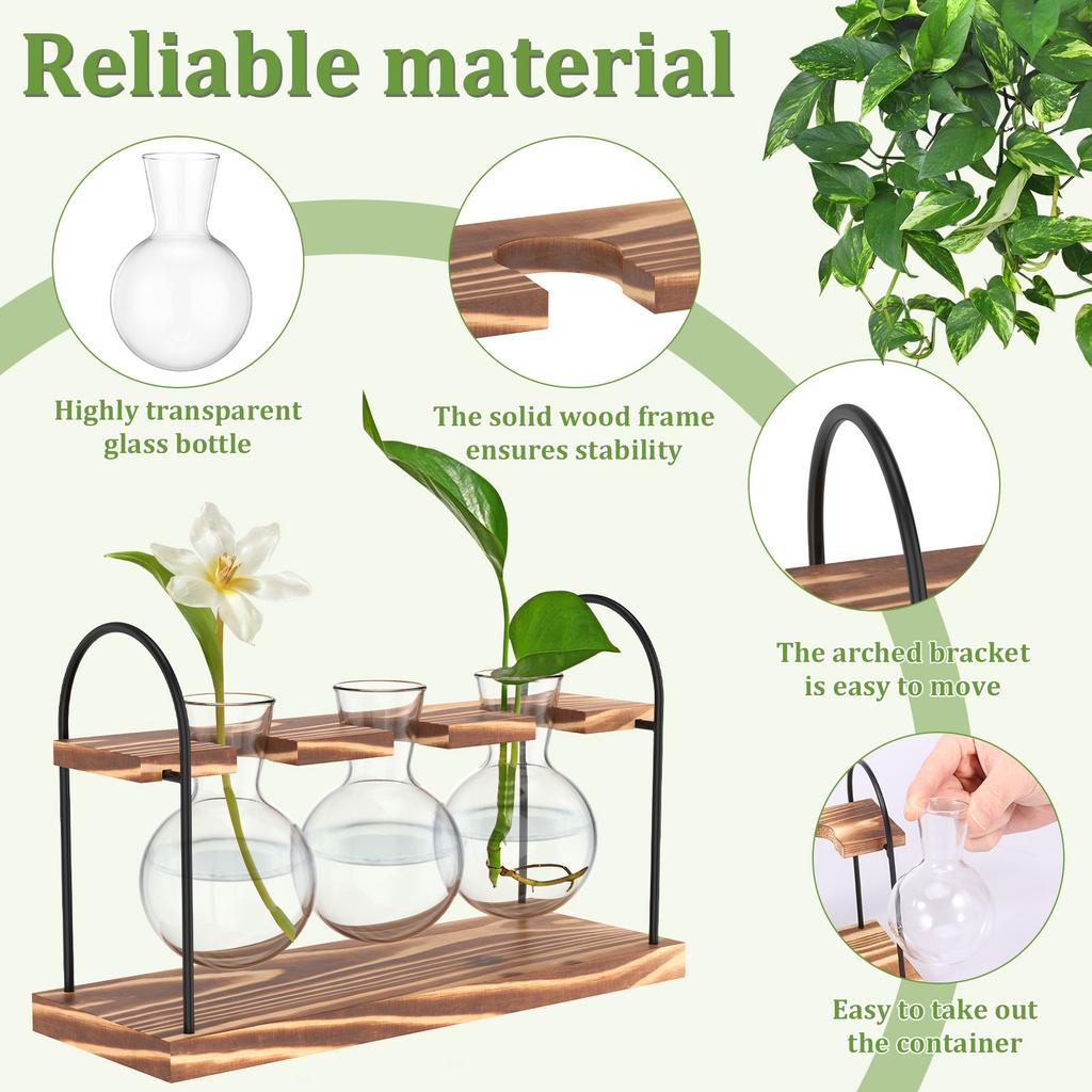 2 Stück Pflanzen-Terrarium Glasvase mit Holzständer zur Vermehrung Kleine Hydrokulturpflanzen Heim-/Büro-Schreibtischdekoration