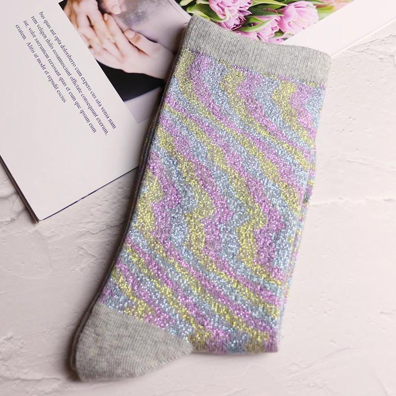 Fashion women's shiny solid color high quality combed cotton socks gold and silver thread soft and comfortable woman socks