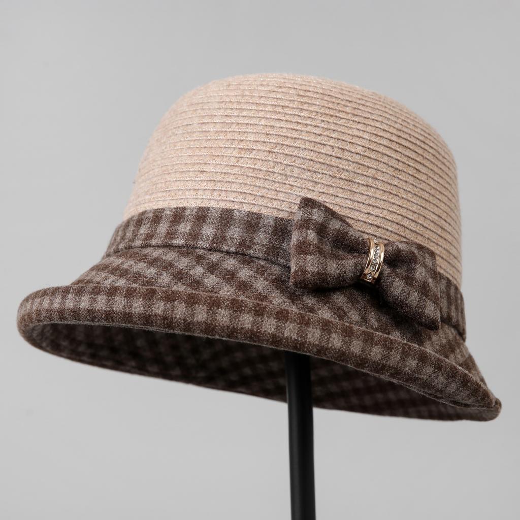 Autumn and Winter New Bow Foreign Gas Bucket Hat Women's Versatile Wool Temperament Basin Hat Mother Warm Hat