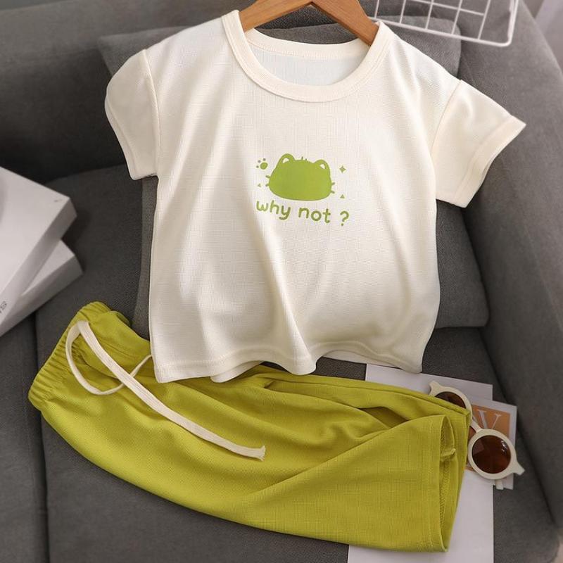 

Детский комплект из 2 предметов, брюки с коротким рукавом, летняя дышащая вафельная ткань, классная летняя одежда для мальчиков и девочек, повседневная одежда для игр 110 зелёный