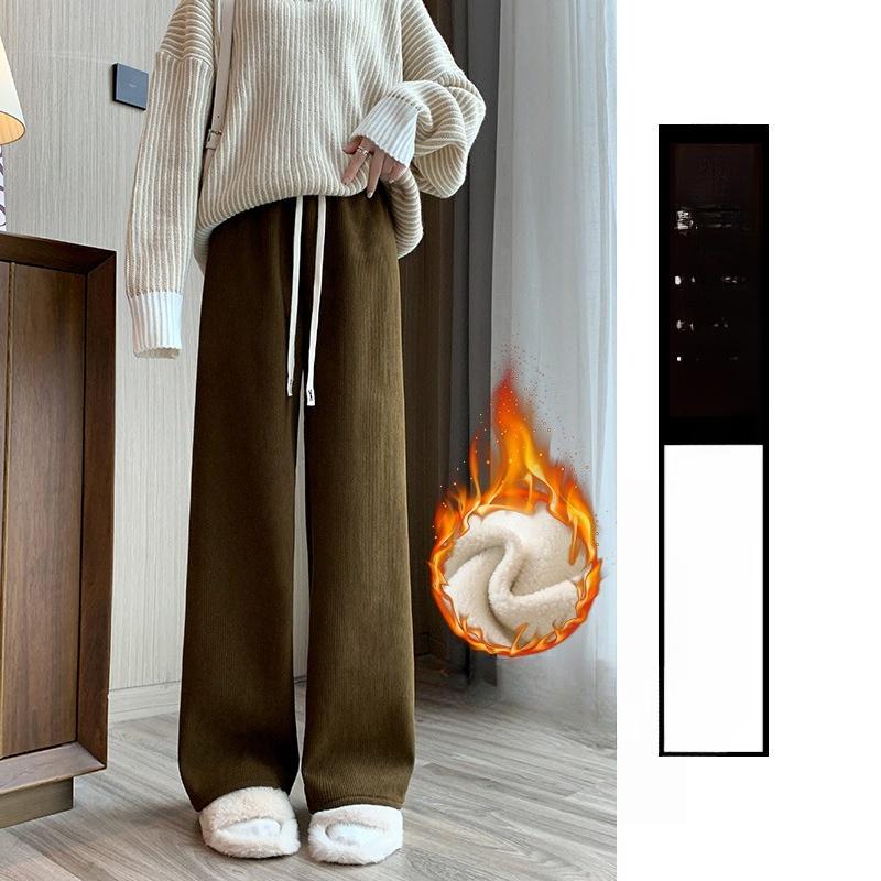 

Флисовые брюки широкие от бедра для женщин на осень и зиму, с высокой посадкой, свободные и стройнящие, вельветовые прямые брюки в пол, повседневные XL имбирный