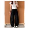 Women Curved Leg Pants High Waist Loose Wide Leg Cargo Pants Rivet Solid Color