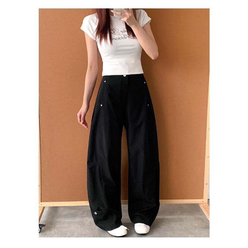 Women Curved Leg Pants High Waist Loose Wide Leg Cargo Pants Rivet Solid Color