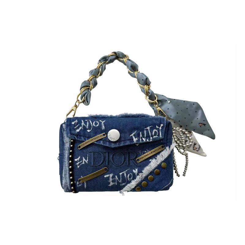 DIOR [Customized Cosmetic Bag] Wilderness Tips Bag Hand-painted Collage Exquisite High-end Daily Commuting Handbag Storage Portable Denim Blue синий