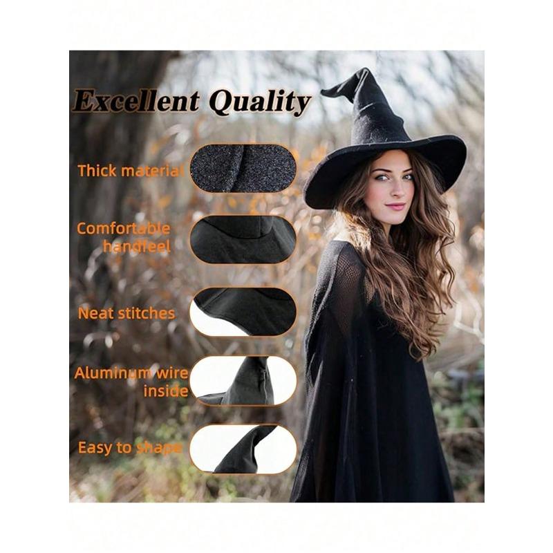 Halloween Wrinkled Witch Hat, Velvet Wizard Hat with Curved Horn, Black Witch Hat for Cosplay