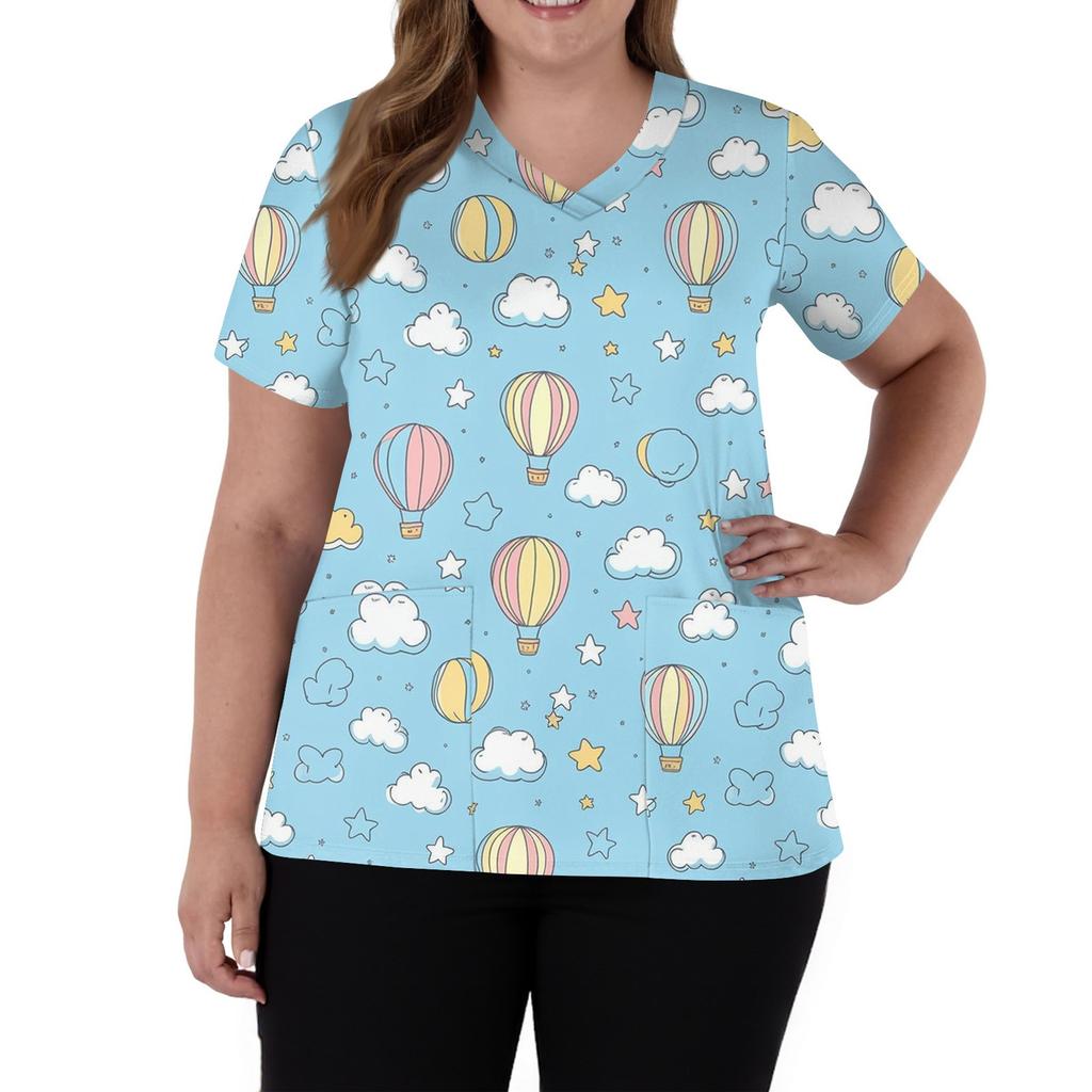 Damenmode V-Ausschnitt Kurzarm Overalls mit Taschen Print Tops Kleidung