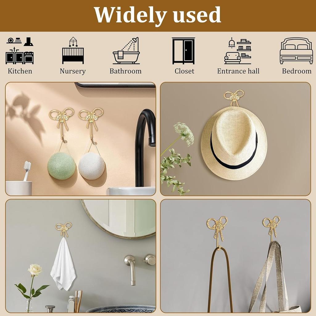 2Pcs Bow Decorative Wall Hooks Bowknot Coat Hook Gold Towel Robe Hanging Brass Hooks for Home Bedroom Bathroom Office Outdoor(L)