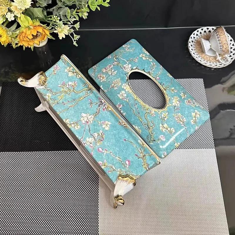 European style ceramic tissue box full of flowers, living room coffee table, table, paper drawer, high-end storage box, home res
