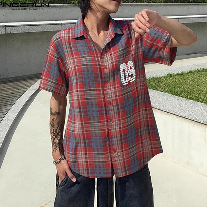 INCERUN Oversized Men Lapel Neck Short Sleeve Plaid Print Shirts Tops