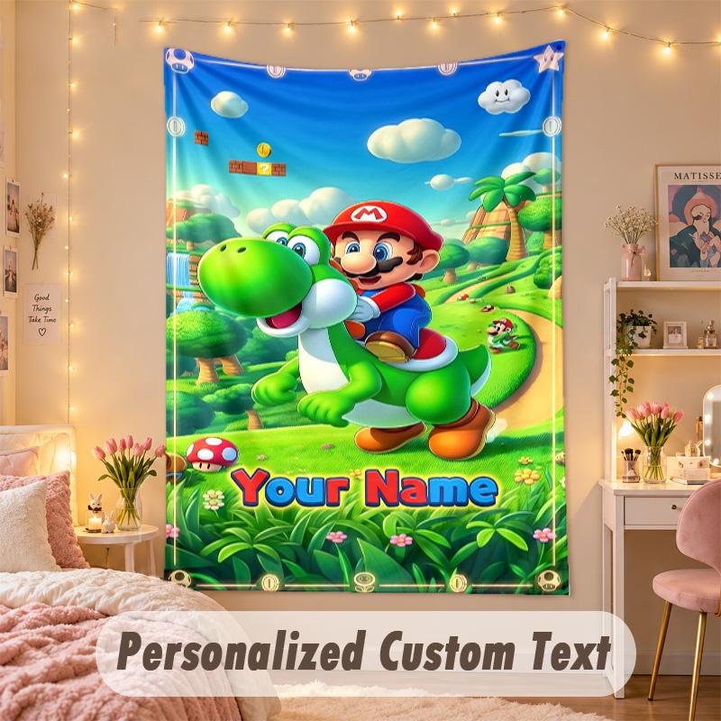 Custom Personalized Tapestry,Super Mario Print Custom Name Text Wall Art Hanging for Bedroom