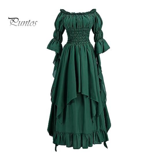 Halloween Dress Vintage Renaissance Medieval Victorian Pirate Dress Prom Ball Gown Off Shoulder Bell Sleeves Ruffle Pleated Irregular Hem Maxi Dress
