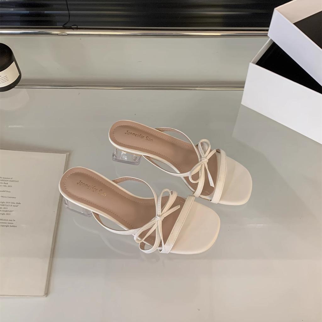 French Fairy Style Gentle Evening Shoes Bow Word with Open Toe Cool Slippers Female Summer Wear Crystal Heel Sandals