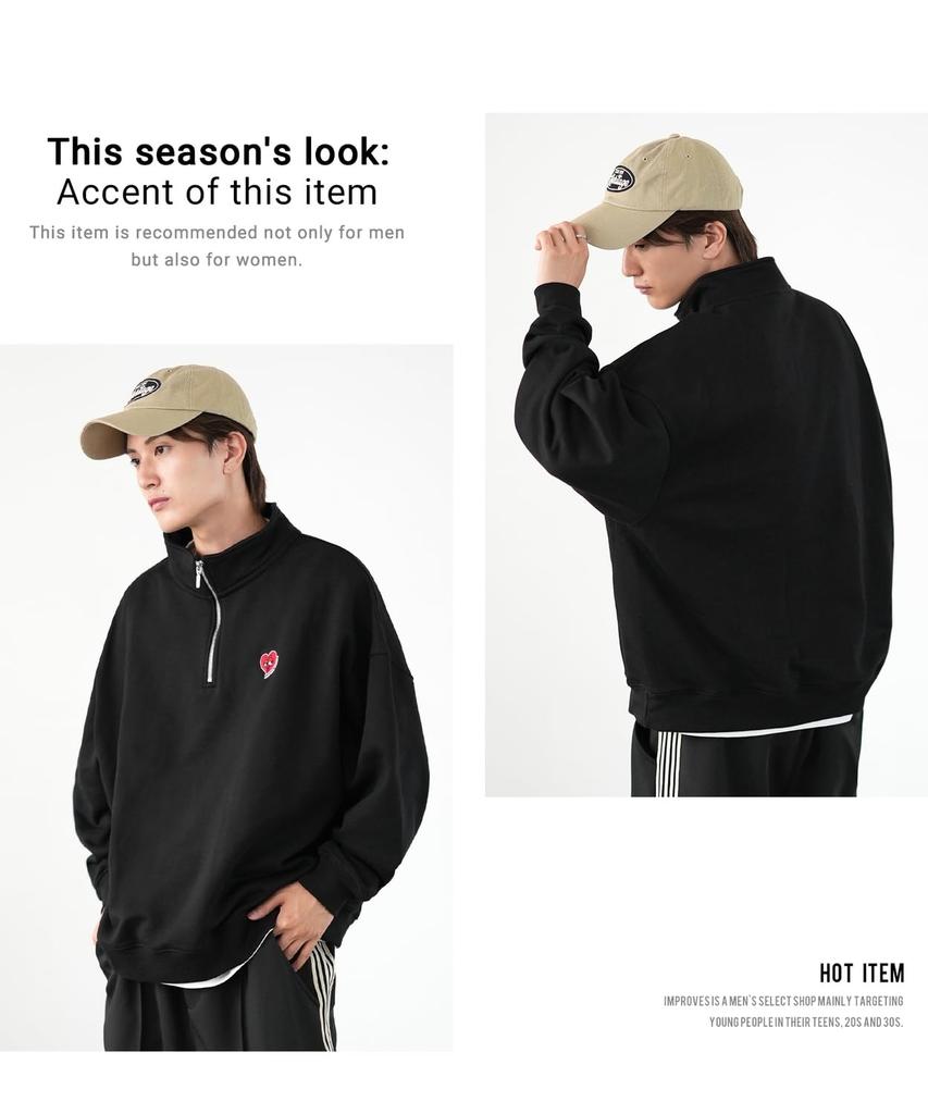 IMPROBS SIDEWAY STANCE Men's Half-Zip Fleece Sweatshirt with Embroidered One-Point Design, 70220, B-Ash