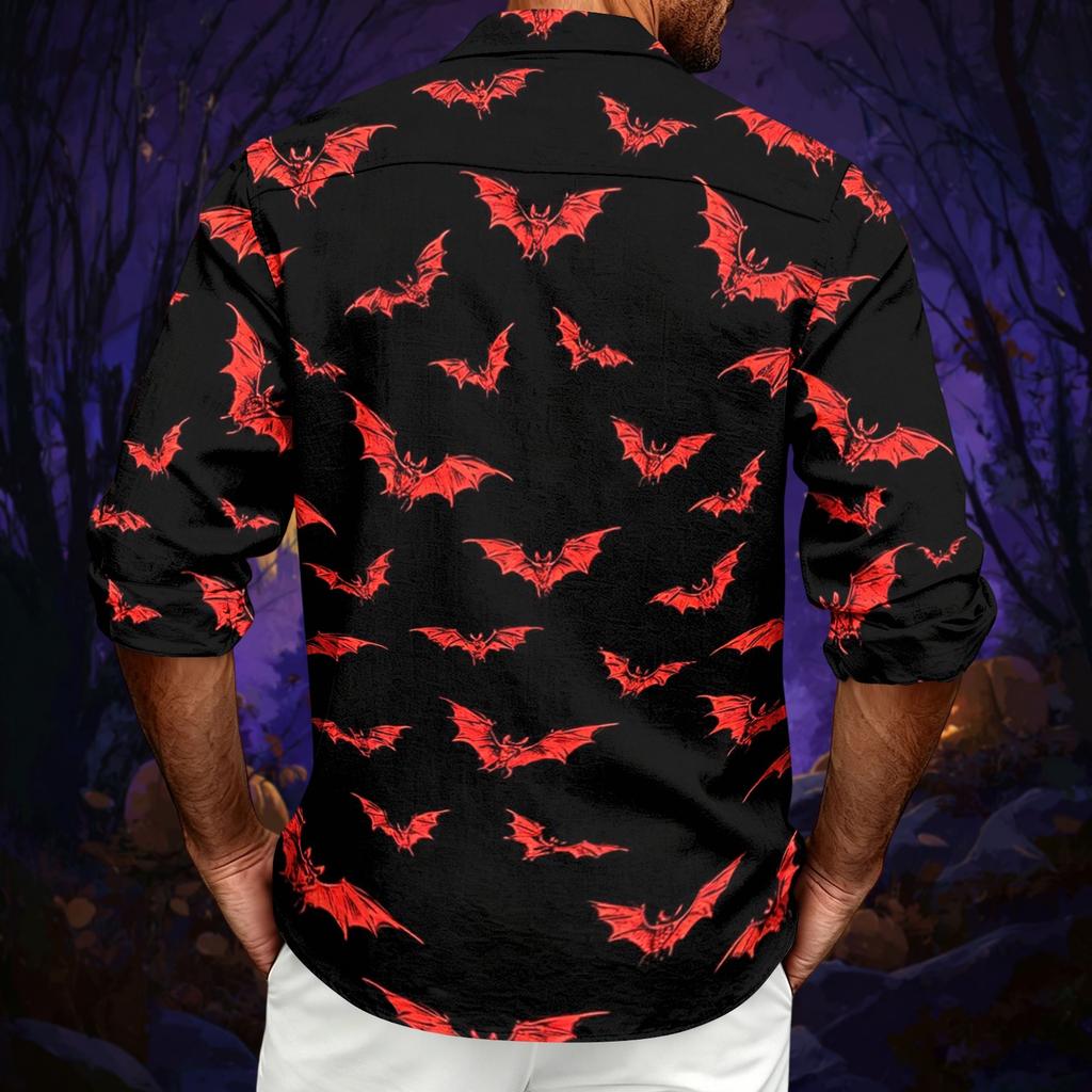Men's Casual Long Sleeve Shirt with Halloween Print for Spring and Fall Everyday Wear