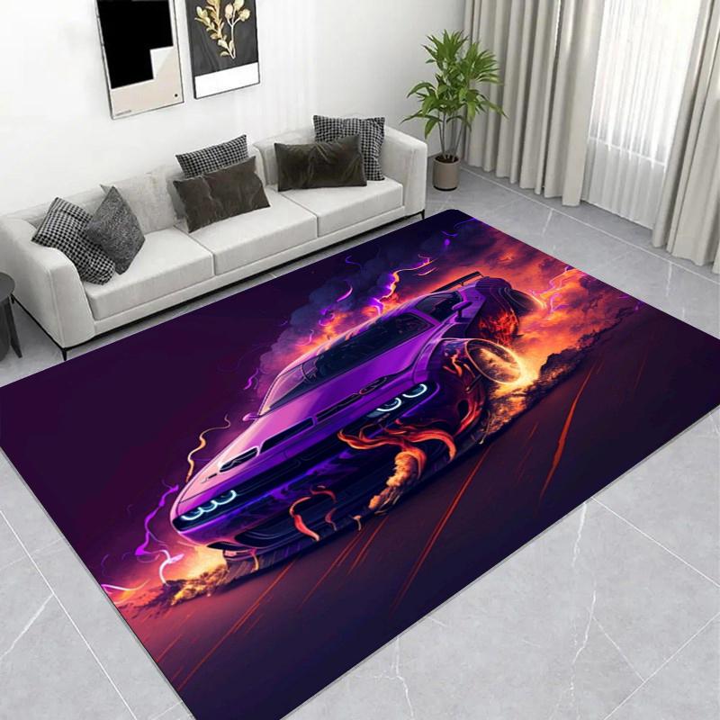 Cool Purple Sports Car Area Rug, Flame Racing Style Living Room Carpet, Non-Slip Soft Floor Mat for Game Room & Garage Decor