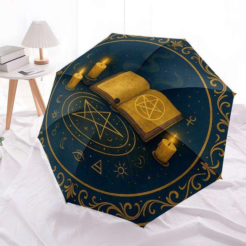 Enchanted Spellbook & Candle Altar Mat for Wicca Decor Umbrella, Portable 3-Fold Compact Umbrella for Men & Women R131