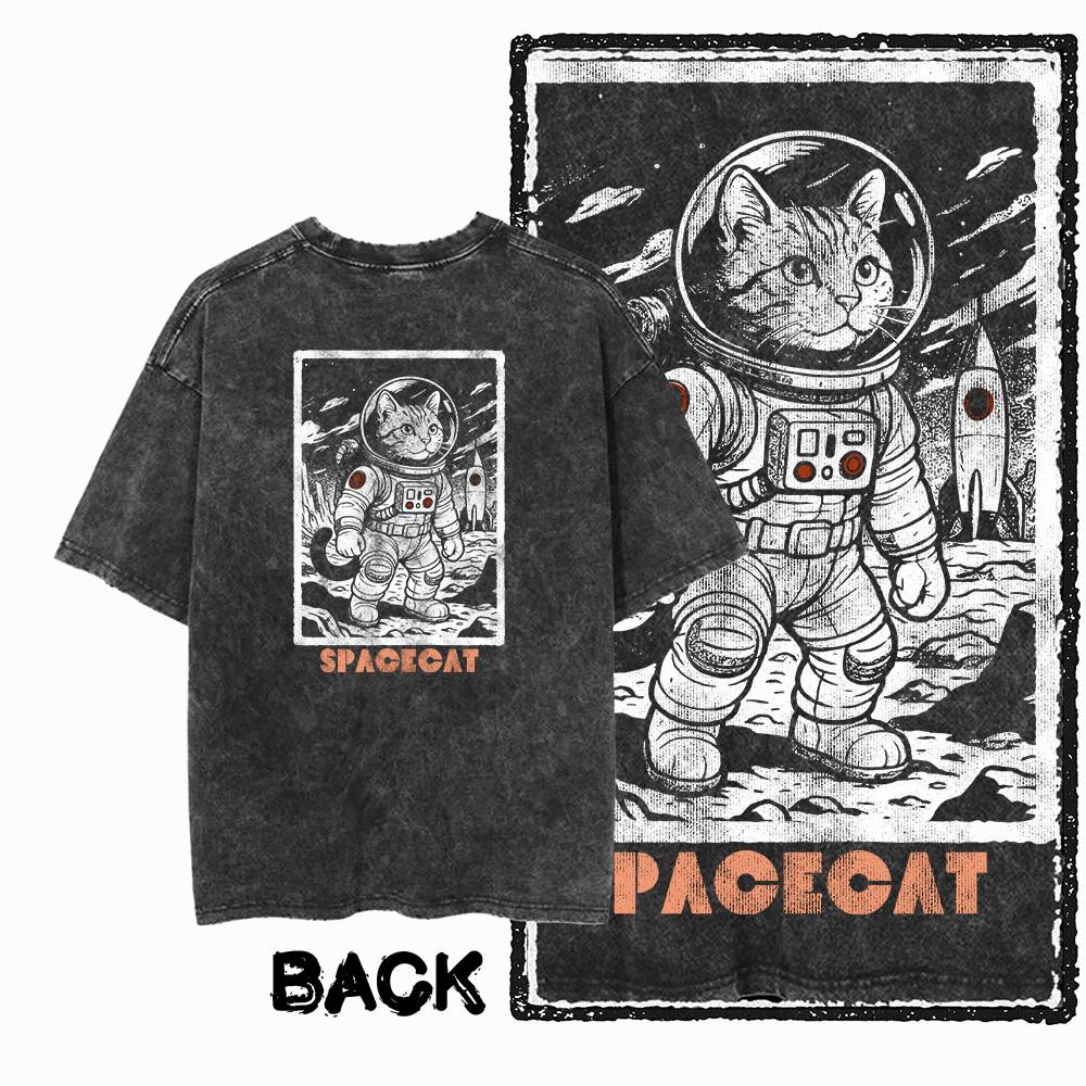 G Back Print Acid Washed Cotton oneck Cat Graphic Unisex Tshirt Streetwear Big Size Cool Vintage Unisexs Tee Tshirt
