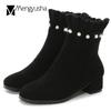 Fashion 41 42 43 Big size women winter booties suede leather ruffles short snow boots girls pearl decorate mid-calf plush botas shoes