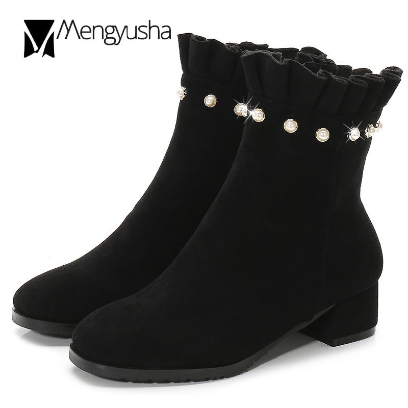 Fashion 41 42 43 Big size women winter booties suede leather ruffles short snow boots girls pearl decorate mid-calf plush botas shoes