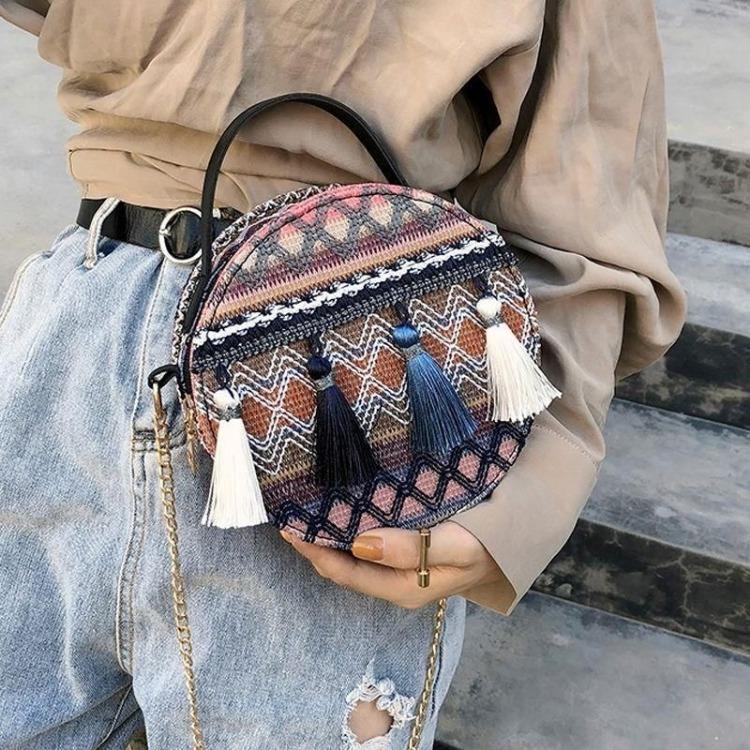 Torba na ramię w stylu etnicznym Damska Retro Ręcznie robiona pleciona torba Pasek na łańcuszku Torba na ramię Frędzle Mała okrągła torba
