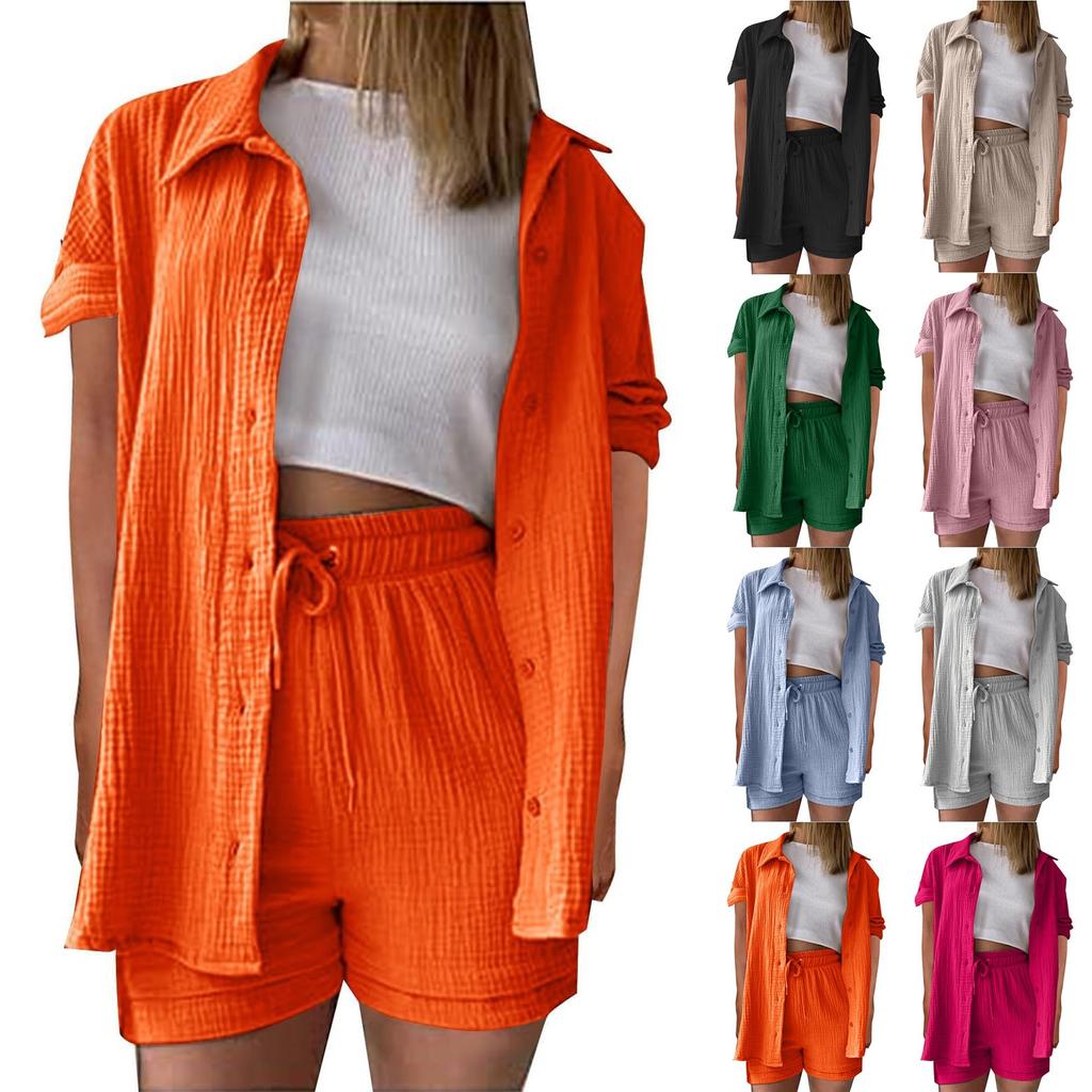 Women's Casual And Fashionable Solid Color Lapel Short Sleeved Shirt Top, High Waisted Drawstring Shorts Set