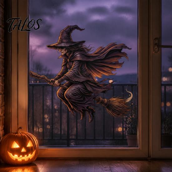 Static Glass Decals Halloween Witch on Broomstick Cling, Themed Window Sticker, Adsorption Stickers Removable Wall Cling for Storefront Windows Doors