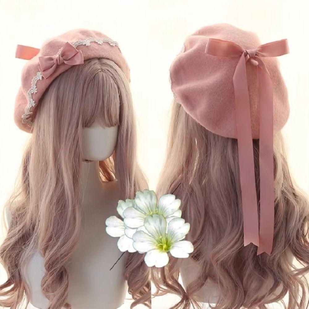 Warm Lolita Beret Japanese Style Beanie Cap Decorate Girl Lace Bow Hat Women Headdress