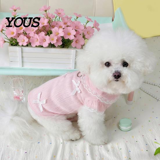 Hair Free Pet Clothes Cute Girl Dog T-Shirt, Sweet Lace Trim Shirt with Bowknots, Metal D Ring Short Flying Sleeves, Summer Female Outfit