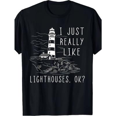 Taglie Europee T-shirt Casual da Uomo in Cotone Oversize con Stampa Grafica di Faro "Mi Piacciono Davvero i Fari" Manica Corta Scollo Rotondo