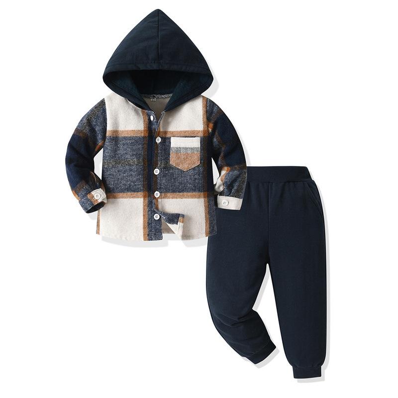 Children's Single-breasted Hooded Long-sleeved Plaid Top and Casual Pants Two-piece Set Spring