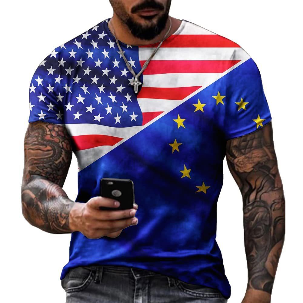 American Flag Pattern 3D Digital Printing Men's Fashionable Round Neck Short Sleeved T-shirt
