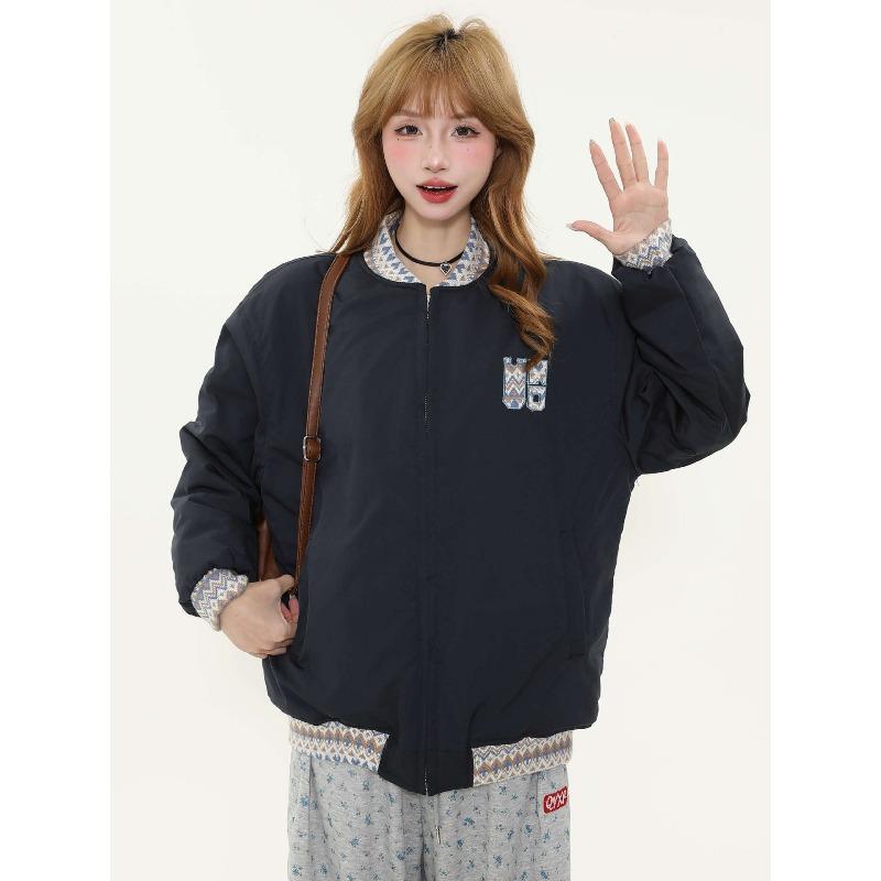 

Зимняя ретро куртка бейсбольного кроя с жаккардовым узором, свободная, для пар, мужская и женская, хлопковая одежда XL (145-84 kg recommended) тёмно-синий