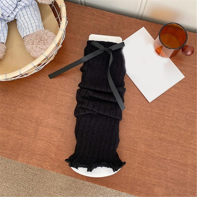 Women Sweet Bowknot Arm Leg Sleeves Ruffled Trim Sun Protective Ribbed Knit Arm Leg Covers Fingerless Gloves Accessories