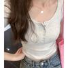 Small Slim Fit and Thin Short Bottom Top Women's New Pure Desire Spice Girl Front Shoulder Round Neck Button Short Sleeve