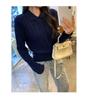 European Dark Blue Striped Lapel Sweater for Women - Spring/Autumn 2026 Cable Knit Top