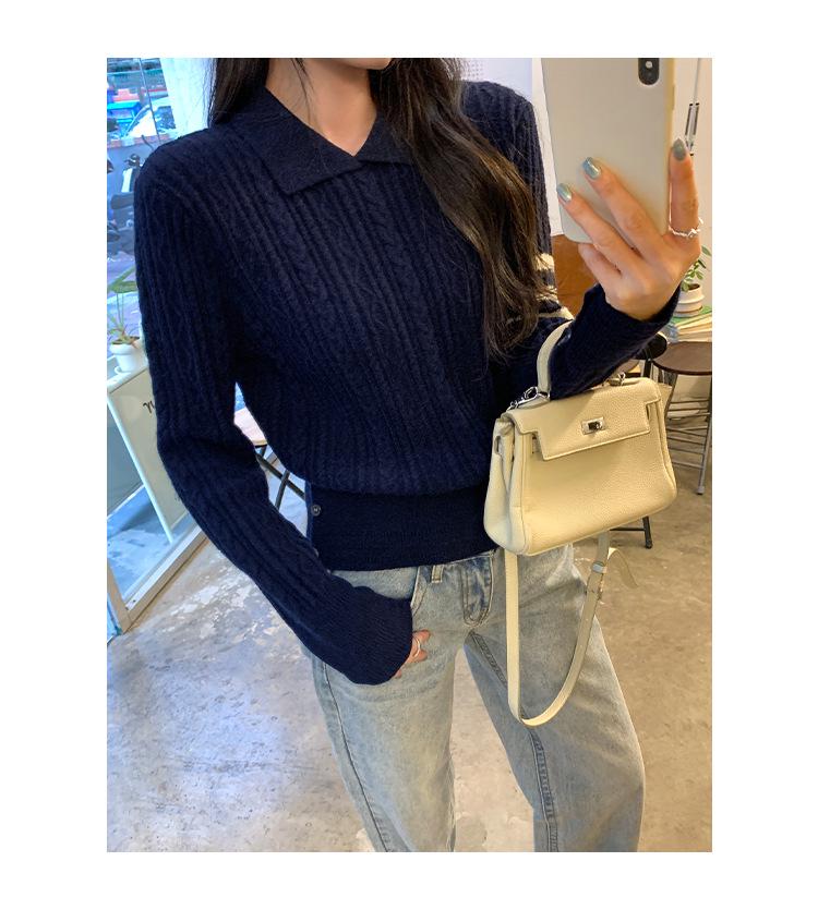 European Dark Blue Striped Lapel Sweater for Women - Spring/Autumn 2026 Cable Knit Top