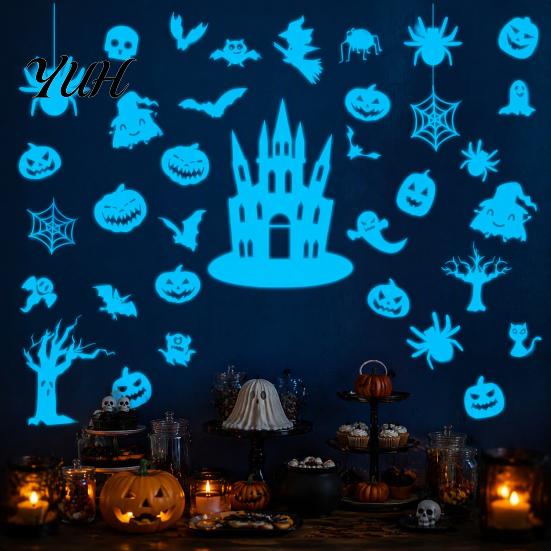 Easy Peel Stick Decorations Halloween Glow In The Dark Wall Stickers, Luminous Decals with Ghost Mysterious Castle Pattern Stickers Pumpkin