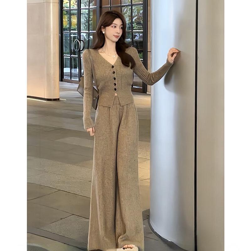 

Maillard Женский облегающий свитер с V-образным вырезом и вязаный комплект брюк широкого кроя на осень/зиму XL (135-140 jin) верблюд