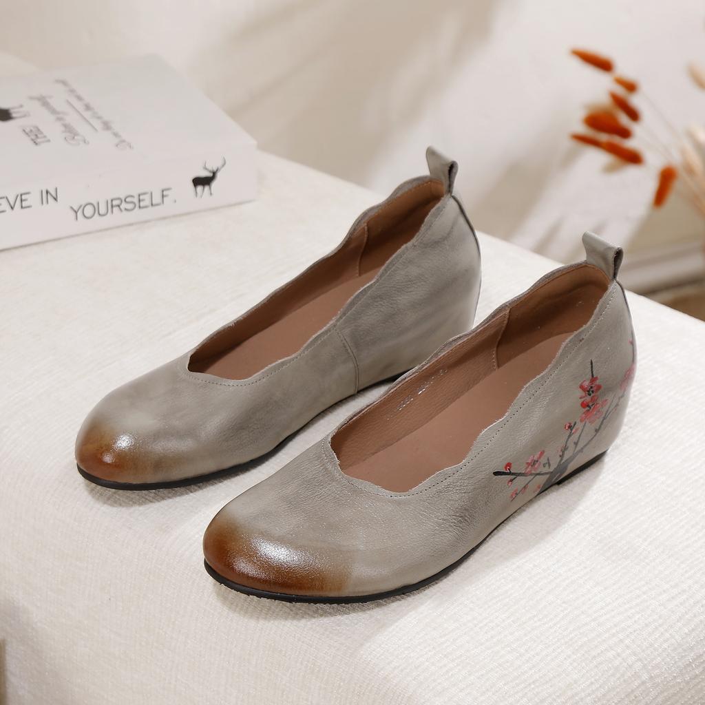 Johnature Retro Ethnischer Stil Höhensteigernde Schuhe Echtes Leder Handgefertigt Runde Zehenkeilabsatzschuhe