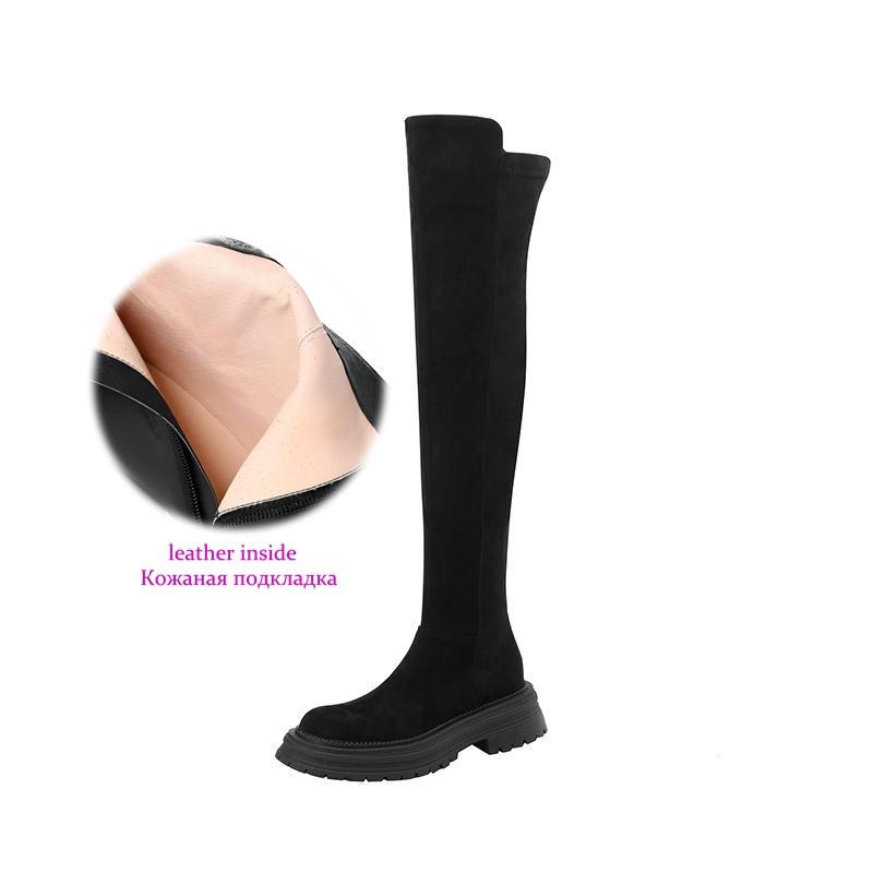 Krazing Pot Flock Autumn Winter Shoes Med Heels Flat Platform Size 42 Over-the-knee Boots Slip on Elastic Thigh High Boots 34 7989₽