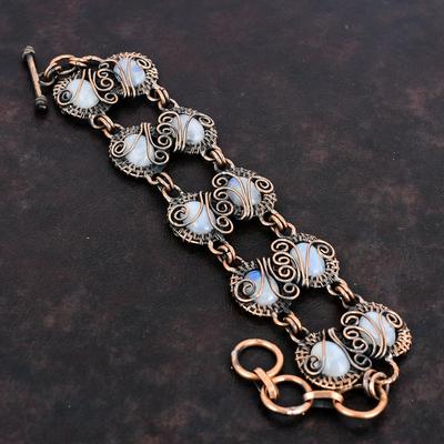 Rainbow Moonstone Bracelet Copper Wire Wrapped Adjustable Chain Bracelet Handmade Copper Wire Jewelry Dainty Gemstone Bracelet Gifts For Her