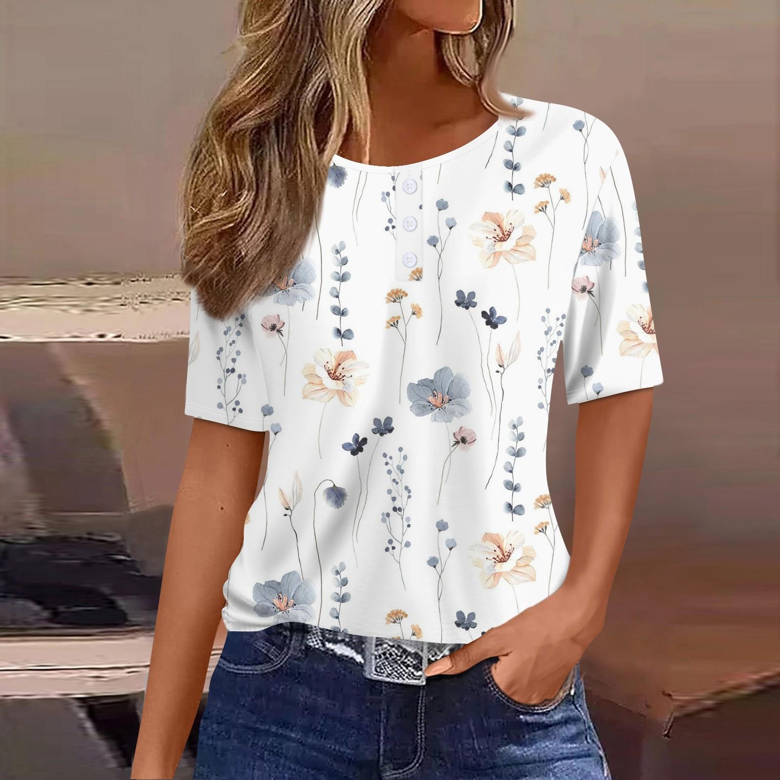 

Жен. Футболка Футболка с принтом Пуговицы С короткими рукавами Повседневные Выходные Мода Классический Круглый вырез Обычный Топ XXL белый