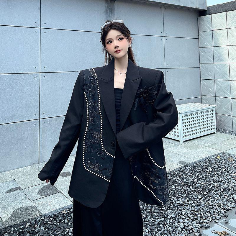 Womens Luxury Black Blazer Spring Autumn High Quality Sequins Embroidery Beaded Design Fashion Casual Formal Work Suit Coat