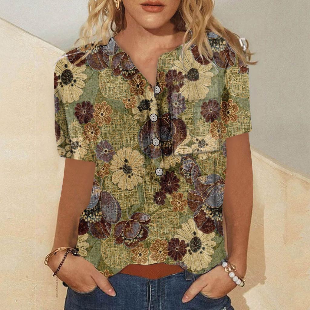 Women's Button Down Fashion Casual Vintage Print Short Sleeve Shirts Blouse