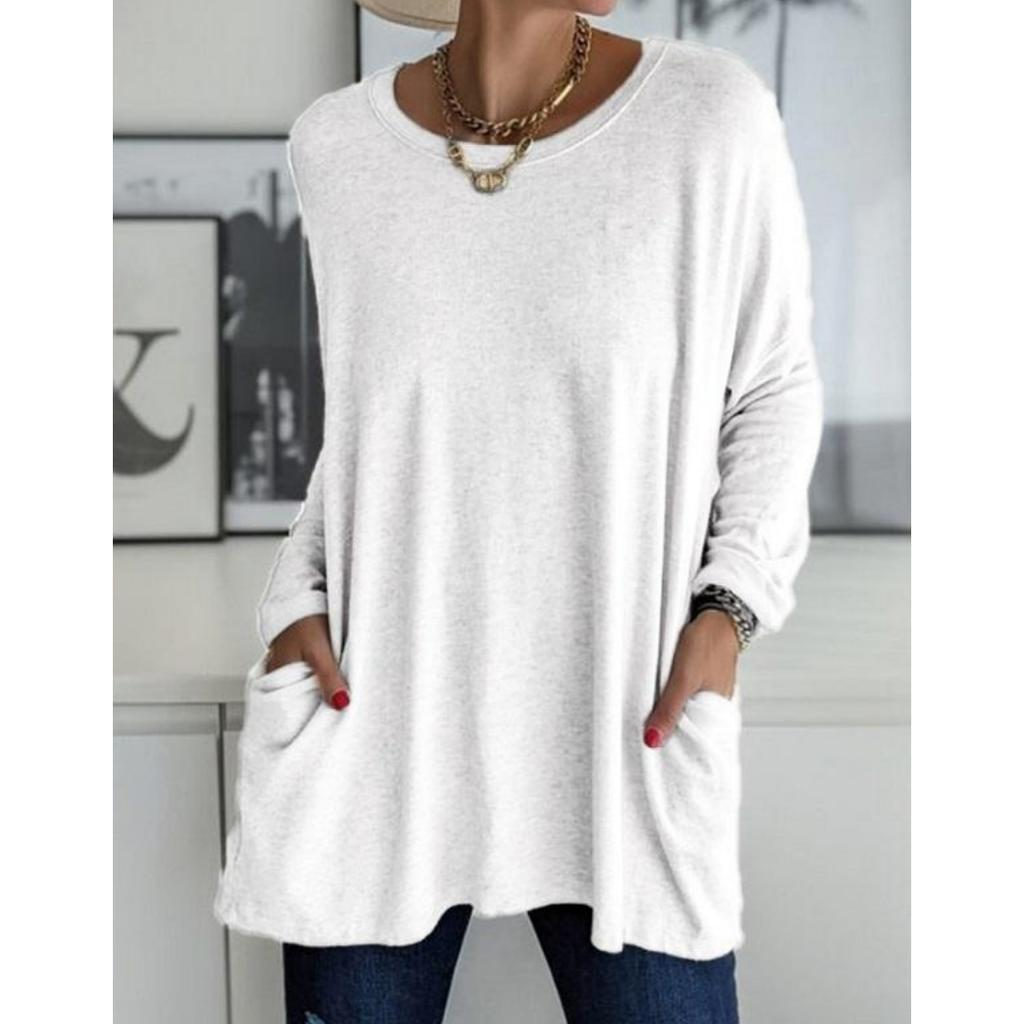 Naiste vabaaja kevad-suvise taskuga tuunika ülaosaga O-kaelusega särk pikkade varrukatega moodne suure suurusega vaba ühevärviline T-särk
