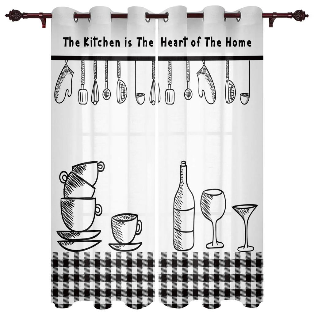Küchenutensilien Karomuster Schwarz Weiß Vorhänge für Schlafzimmer Wohnzimmer Vorhänge Küche Kinderzimmer Fenstergardine Moderne Heimdekoration