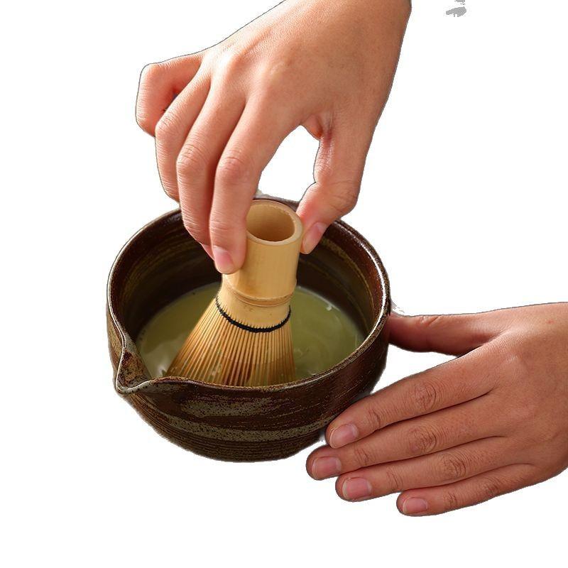 Coarse Pottery Matcha Bowl with Spout Matcha Tool Brush Japanese Tea Bowl Cup Tea Whisk Set Tea Set