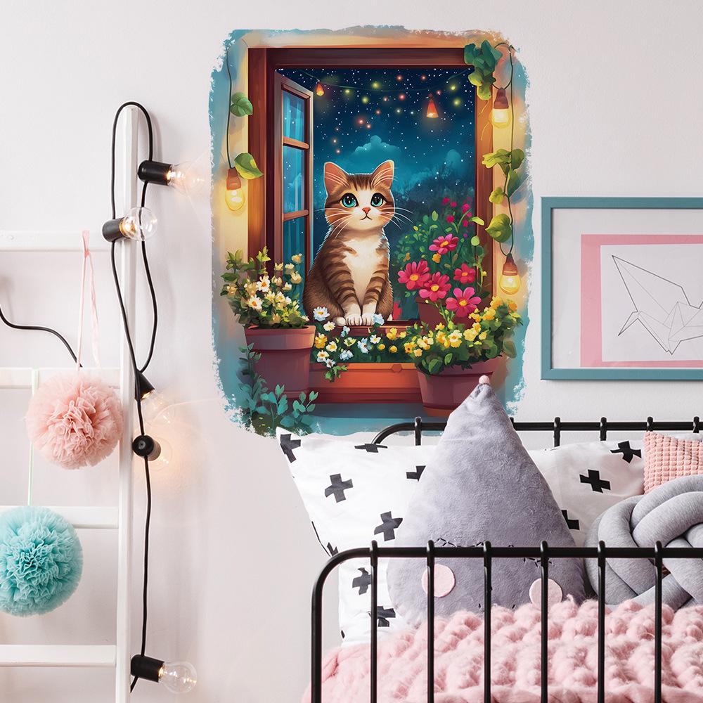 Creative False Window Cat Beautiful Starry Sky Bedroom Living Room Home Background Beautification and Decoration Wall Stickers