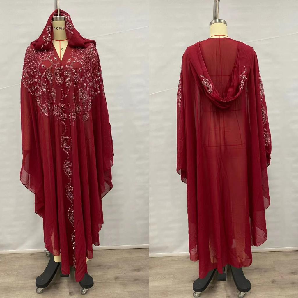 Womne Muslim Dress Embroidered Beads Abaya Dress Muslimah Hooded Robe Chiffon Kaftan Long Dress Middle East Africa Plus Size Maxi Dress
